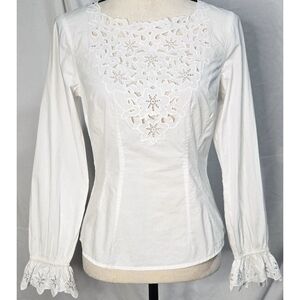 Rebecca Taylor White Lace Embroidered Top Long Sleeve Shirt White Classic